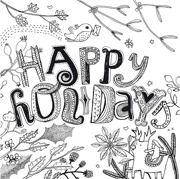Happy Holidays design with holly, robin, santa and reindeer. Vector file. Colouring page