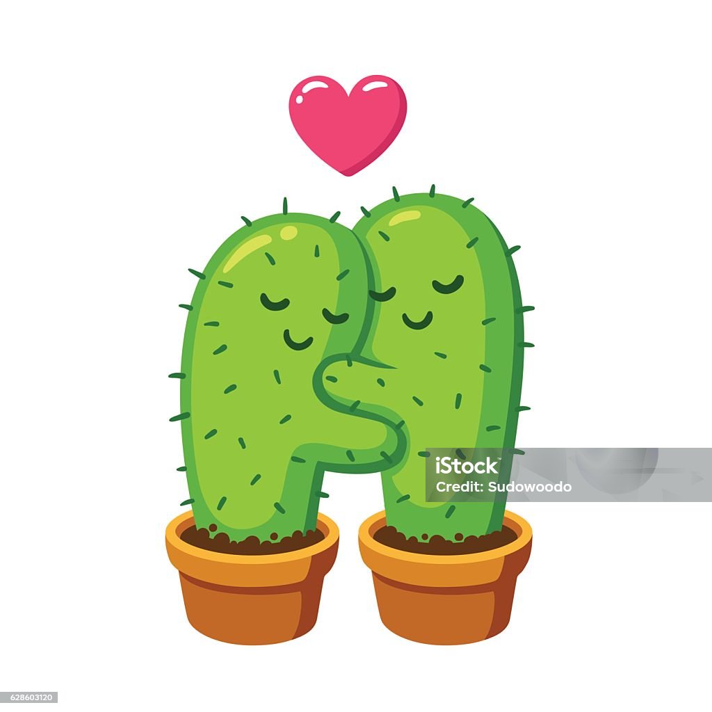 cactus hug illustration Cactus hug vector drawing. Cute cartoon cactus couple in love, funny Valentine's Day illustration. Valentine's Day - Holiday stock vector