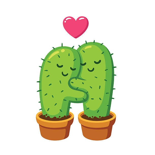 cactus hug illustration Cactus hug vector drawing. Cute cartoon cactus couple in love, funny Valentine's Day illustration. couple hugging drawing stock illustrations