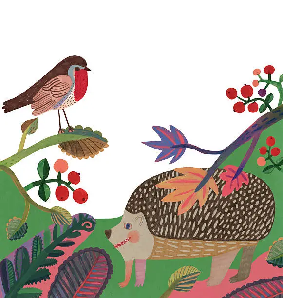 Vector illustration of Hedgehog and robin within colourful leaves