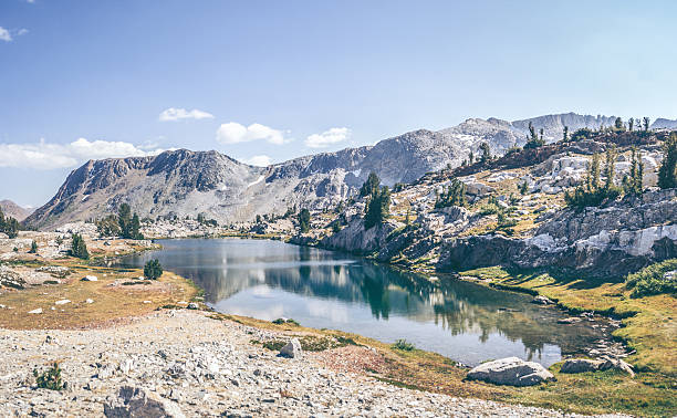 A high altitude lake in the back country of the Sierra Nevada Mountains in California USA.