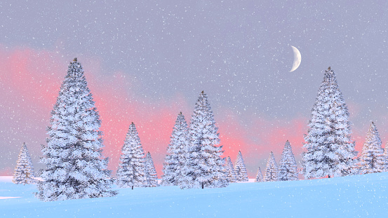 Winter scenery with snowy firs among snowdrifts and half moon in scenic sunrise or sunset sky at slight snowfall. 3D illustration was done from my own 3D rendering file.