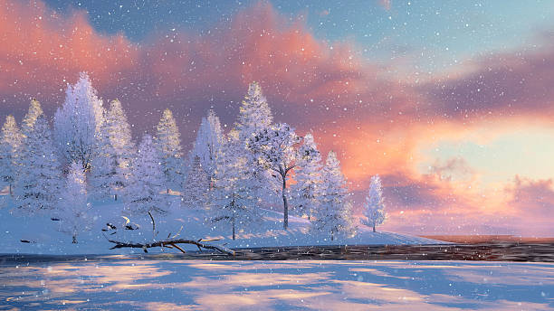 istock Snowy firs and frozen river at snowfall 628607140