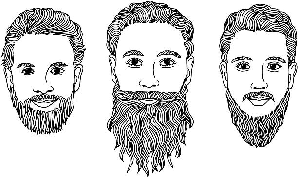 Three men with beards Hand drawn ink illustrations of hipster guys with beard, black and white long beard stock illustrations