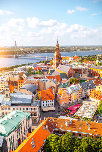 Aerial view on the old town with Dome cathedral and colorful buildings in Riga, Latvia