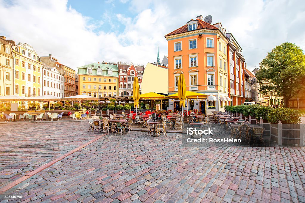 Central square in Riga Dome square with cafes and restaurants in the old town center in Riga, Latvia Riga Stock Photo