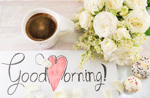 istock white roses, coffee and good morning note 628612844