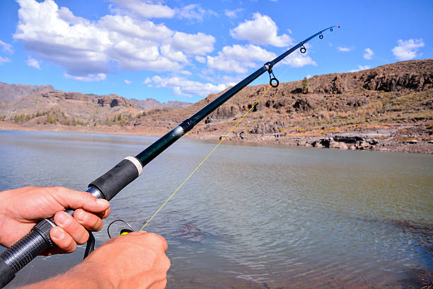 istock Fishing with rod on lake 628613594