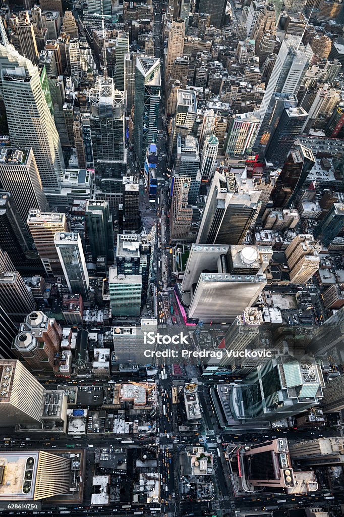 New York from above Helicopter point of view of Times Square in New York with many details visible in the image. New York City Stock Photo