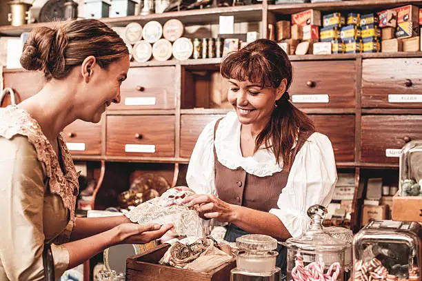 Series of images of a vintage shop and shopping. Multiple brands/logos visible and all of them are also outdated and not in use anymore.