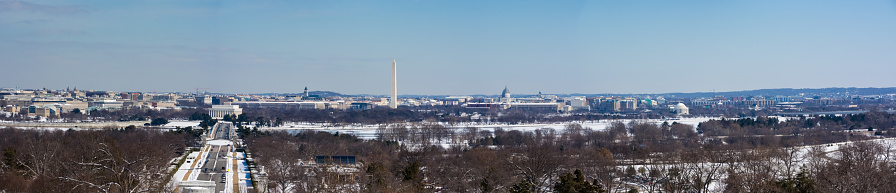 Panorama looking down Memorial Ave Washington DC. The Lincoln Monument, Washington Monument,Capitol Building (in scafolding) are all visable.