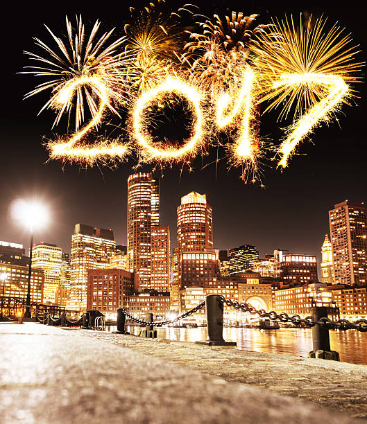 istock boston night skyline with fireworks for the 2017 628617006
