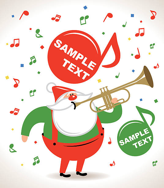 ilustrações, clipart, desenhos animados e ícones de papai noel feliz soprando uma trombeta, notas de música fluindo - bugle music musical instrument musical note