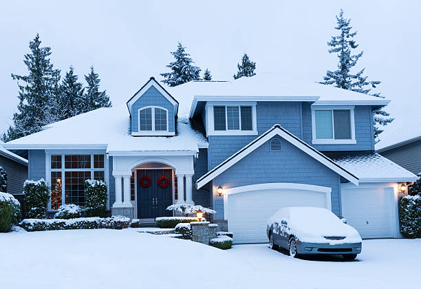 istock Home decorated for the winter holidays with fresh snow 628619870