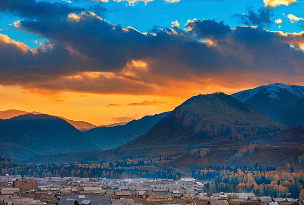 Autumn sunset view of the Hemu Villiage. Hight angle view, Mountain on the background.