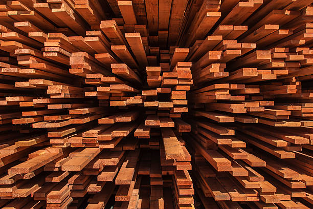 close-up pila di appena fresatura di redwood legname - lumber industry timber tree redwood foto e immagini stock