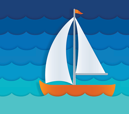 Small sailboat on ocean waves. EPS 10 file. Transparency effects used on highlight elements.
