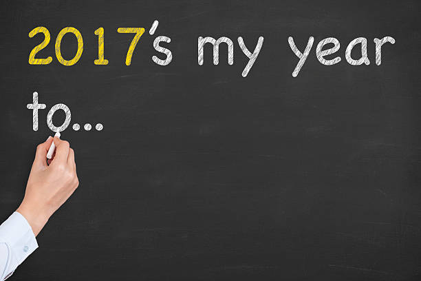 istock Human Hand Writing 2017 is my year to... on Blackboard 628648754