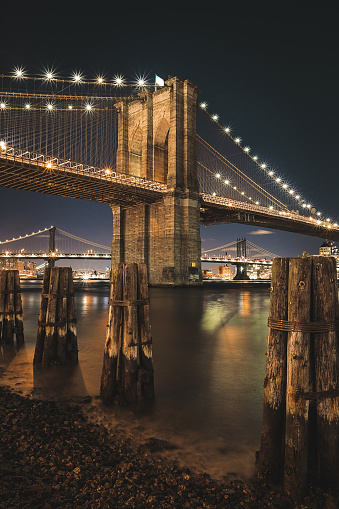 The Brooklyn Bridge, shot from lower Manhatan. New York City, NY. USA