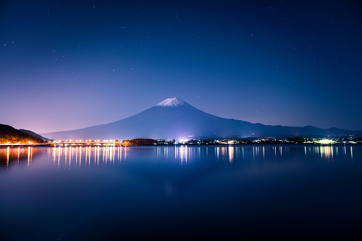 Mount Fuji and lake Kawaguchi (Kawaguchiko) at night, Yamanashi, Japan