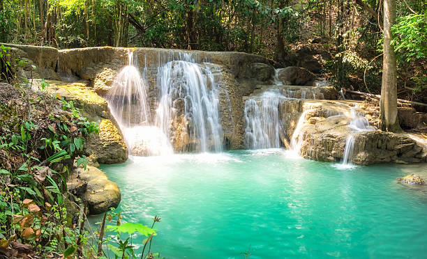 waterfall tropical rainforest scenic - awe beauty in nature waterfall cool imagens e fotografias de stock