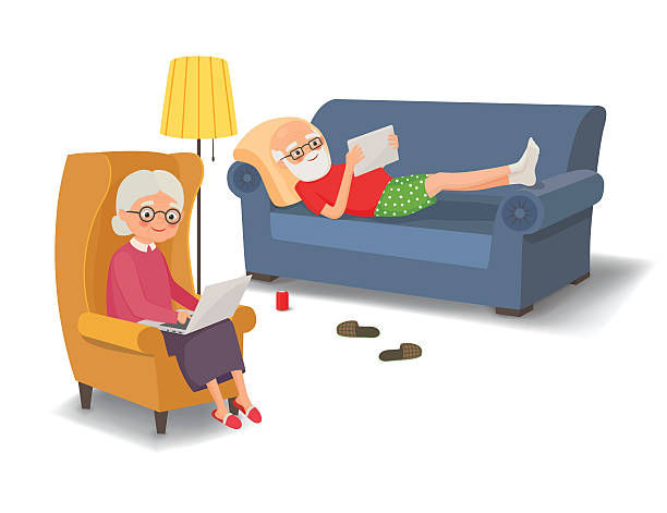 älteres paar mit gadgets - senior women grandmother glasses senior adult stock-grafiken, -clipart, -cartoons und -symbole