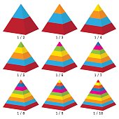 istock Set of colored isometry volumetric not symmetrical pyramid charts. Vector 628650596