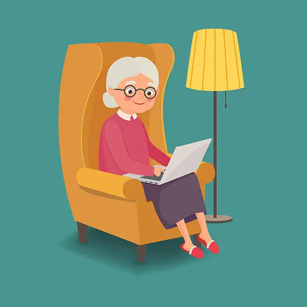 Vector illustration of Elderly woman sitting in a chair with a laptop