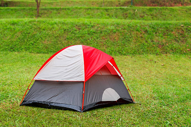 istock Red dome tent on green grass in camping site 628660206