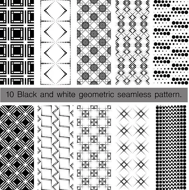 Vector illustration of Collection of black and white geometric seamless pattern.