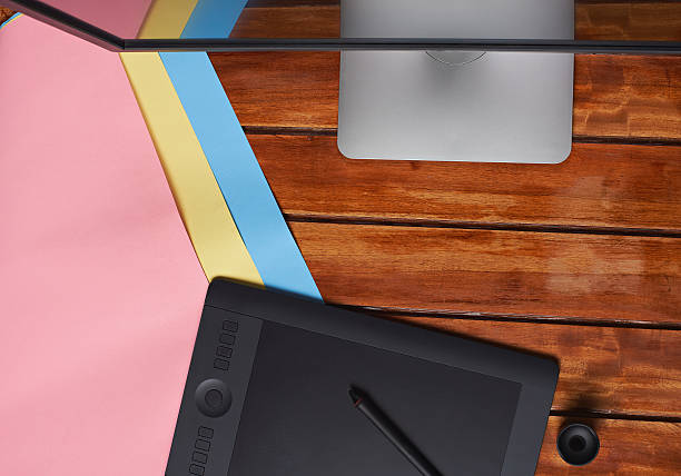 istock Wooden designer table view from top 628664782