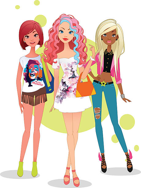 ilustraciones, imágenes clip art, dibujos animados e iconos de stock de moda chicas - bff