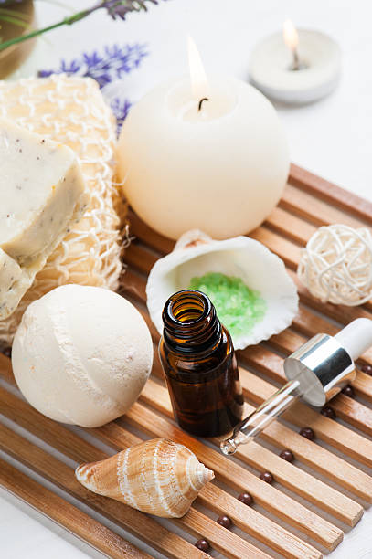 istock Bathroom SPA set with essential oil, salt, bomb 628696658