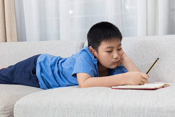 скучный азиатский китайский маленький мальчик, пишущий книгу на диване - reading and writing little boys reading asian ethnicity стоковые фото и изображения