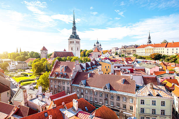Tallinn old town Cityscape aerial view on the old town with saint Nicholas church tower and Toompea hill in Tallin, Estonia estonia stock pictures, royalty-free photos & images