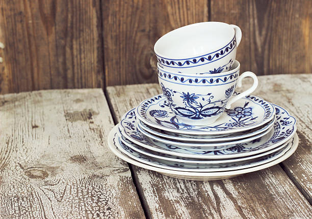 istock Clean cups and plates on a wooden table 628711824