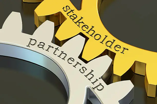 Photo of Stakeholder Partnership concept on the gearwheels, 3D rendering