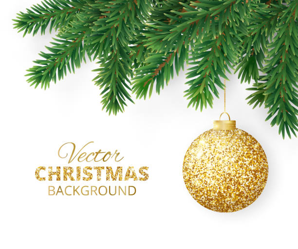 Background with vector christmas tree branches and hanging glitter ball Background with vector christmas tree branches and hanging christmas ball. Realistic fir-tree border, frame isolated on white. Great for christmas cards, banners, flyers, party posters. pine garland stock illustrations