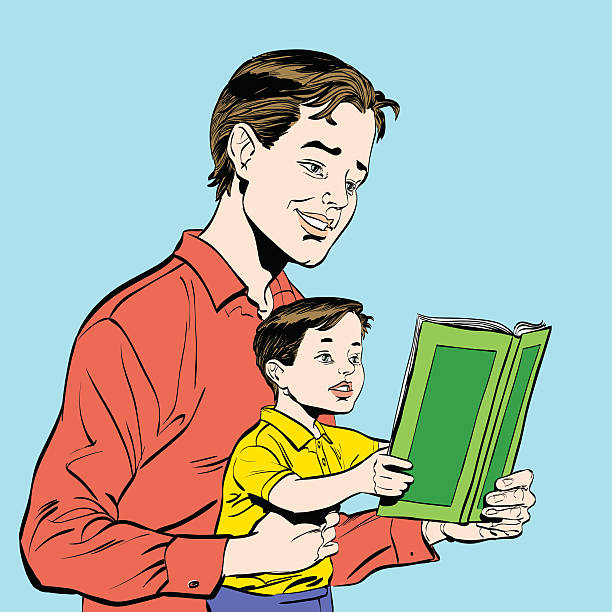 father and son reading a book father and son reading a book, sketch vector illustration. Literature and education reading comic book stock illustrations