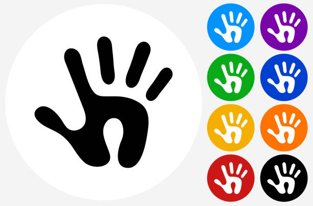 ilustraciones, imágenes clip art, dibujos animados e iconos de stock de icono de impresión humana en botones de círculo de color plano - colors color image handprint circle
