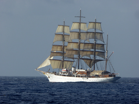 Fort de France, Martinique - January 22, 2016: The Sea Cloud, one of the tall ships of the company Sea Cloud Cruises, sailing near Martinique.