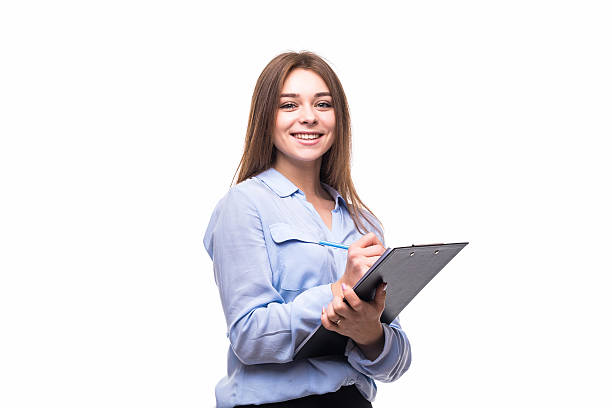 istock Girl with blank over white background 628751162