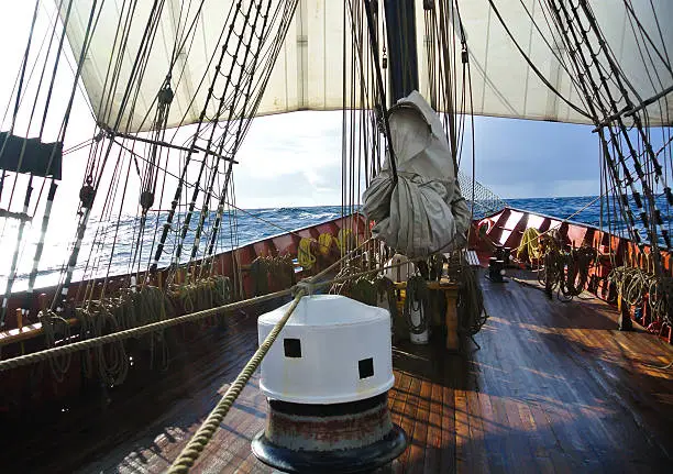 Capstan on deck and full sails of a tallship