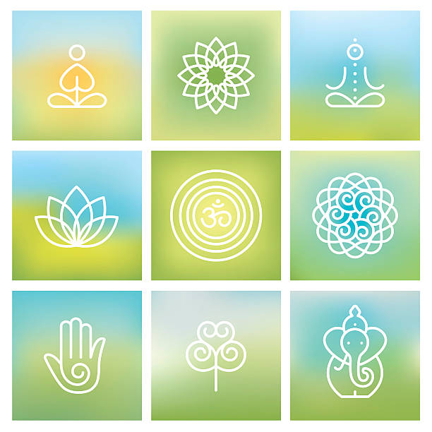 ilustraciones, imágenes clip art, dibujos animados e iconos de stock de símbolos de yoga - prayer position illustrations