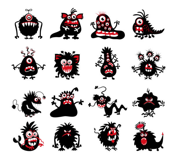 ilustrações de stock, clip art, desenhos animados e ícones de halloween black monster silhouettes - monster cartoon bizarre characters