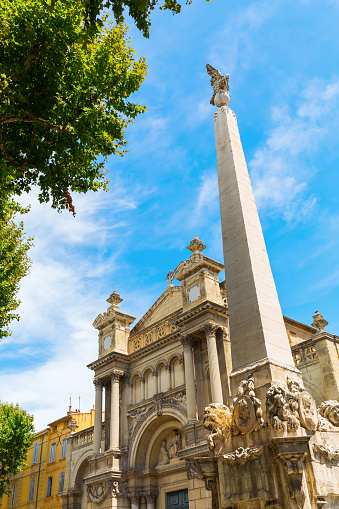 Obelisk in front of the Eglise de la Madeleine in Aix en Provence, France