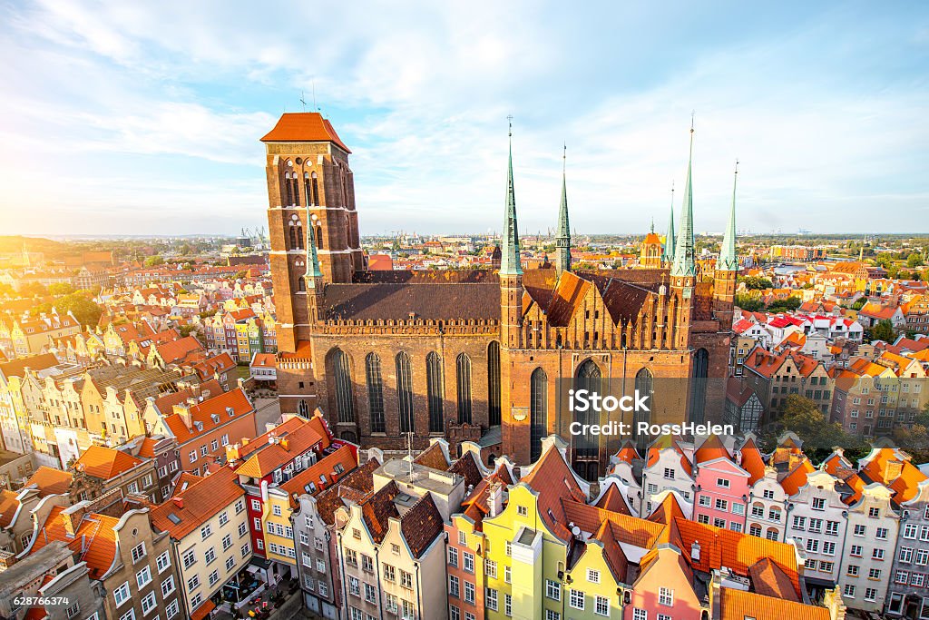 Cathedral in Gdansk Cityscape aerial view on the old town with saint Marys church on the sunset in Gdansk, Poland Aerial View Stock Photo