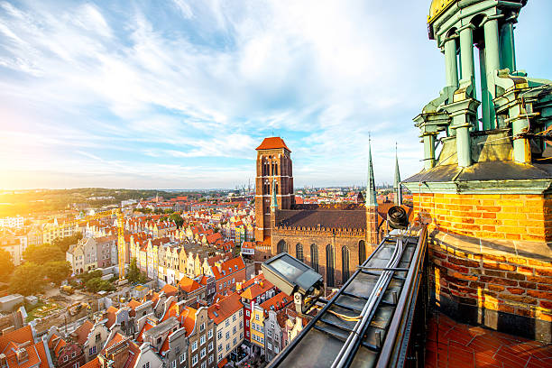 Cathedral in Gdansk Cityscape aerial view on the old town with saint Marys church on the sunset in Gdansk, Poland gdansk stock pictures, royalty-free photos & images