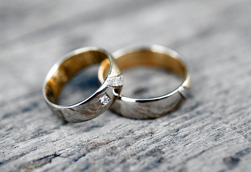 Wedding rings photographed close up.
