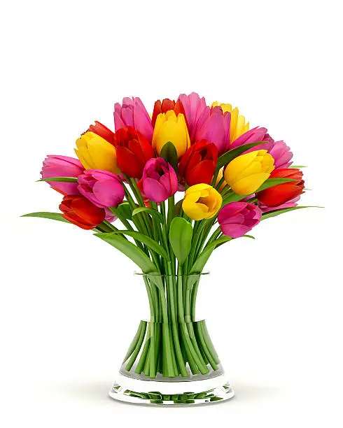 Photo of Colorful Tulips In a Glass Vase Isolated On White Background
